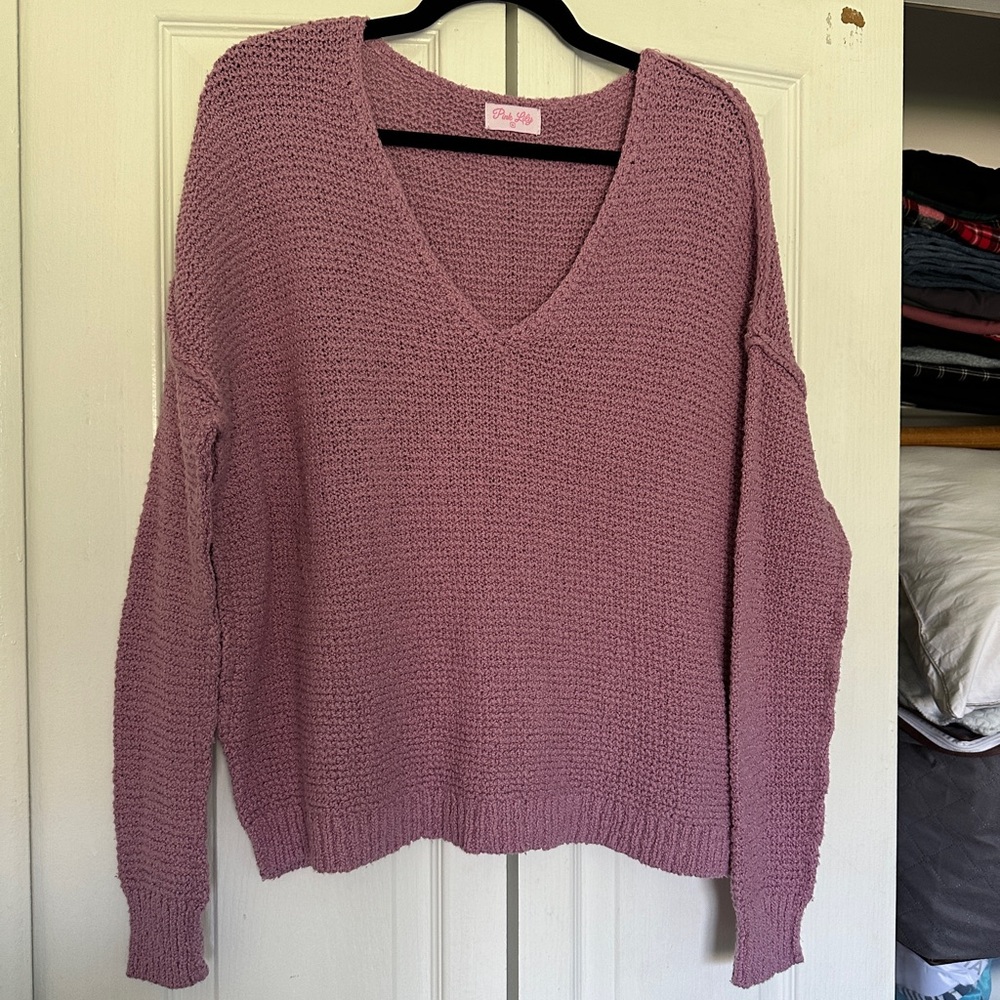 Pink Lily Mauve V-Neck Chunky Knit Sweater